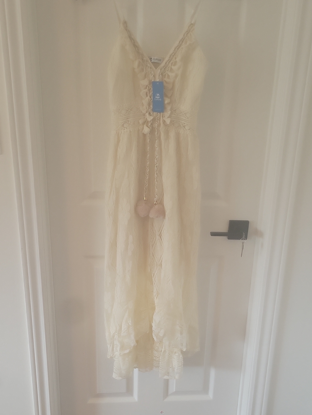 Cupshe Ivory Lace Dress with Pom-Pom Tassels